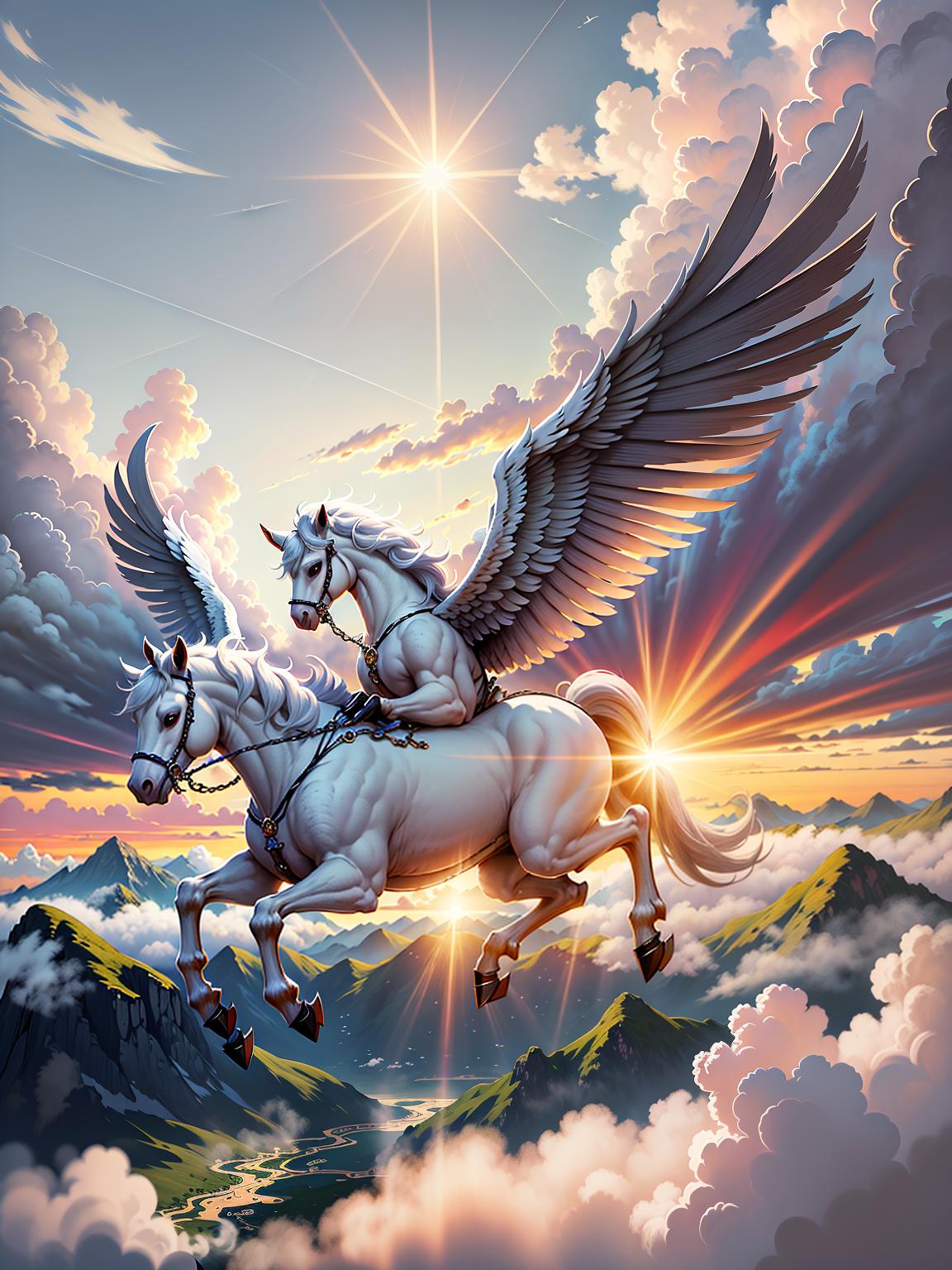  master piece, best quality, ultra detailed, highres, 4k.8k, Pegasus, Flying gracefully in the sky, Serene, BREAK Pegasus Flying in the Sky., Above the clouds, Clouds, Sun, Trees, Mountains, BREAK Peaceful and serene, Sunlight shining through the clouds, fun00d