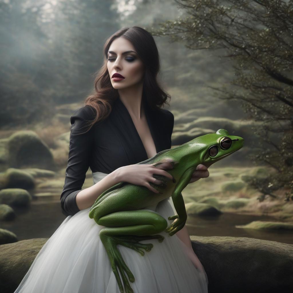  Sorrowful beauty in a black dress with frog hyperrealistic, full body, detailed clothing, highly detailed, cinematic lighting, stunningly beautiful, intricate, sharp focus, f/1. 8, 85mm, (centered image composition), (professionally color graded), ((bright soft diffused light)), volumetric fog, trending on instagram, trending on tumblr, HDR 4K, 8K