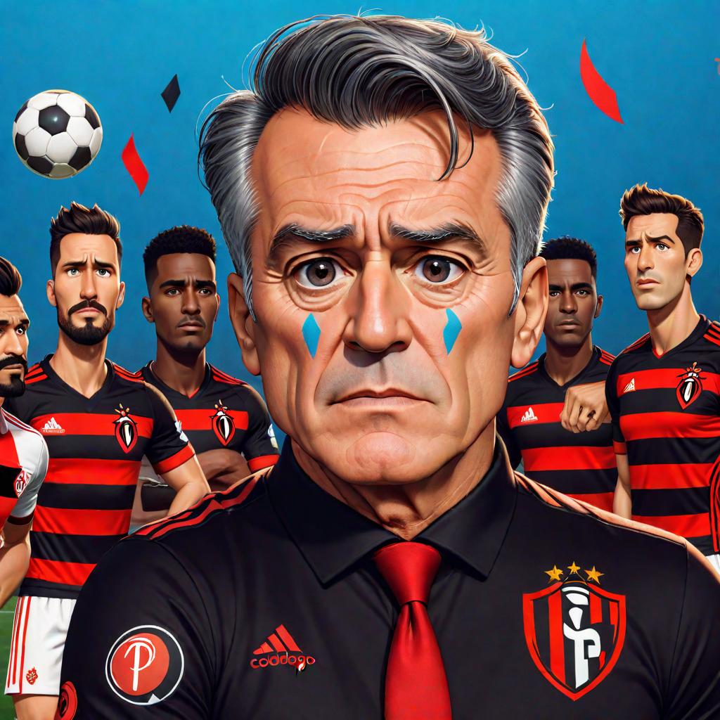  Crie um desenho estilo Pixar. com o rosto do técnico de futebol Tite, ele triste com a derrota do flamengo e chorando. Camisa com símbolo do flamengo. Time triste atrás. Com o título, Ficatitenao hyperrealistic, full body, detailed clothing, highly detailed, cinematic lighting, stunningly beautiful, intricate, sharp focus, f/1. 8, 85mm, (centered image composition), (professionally color graded), ((bright soft diffused light)), volumetric fog, trending on instagram, trending on tumblr, HDR 4K, 8K