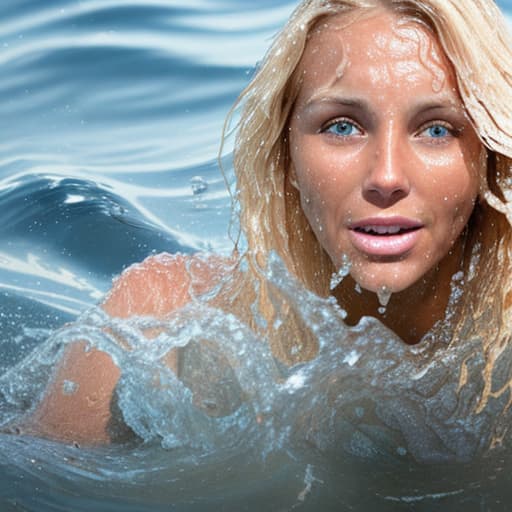  tanned blonde woman's face is in the water she's panic a lot of water waves and splashes around her