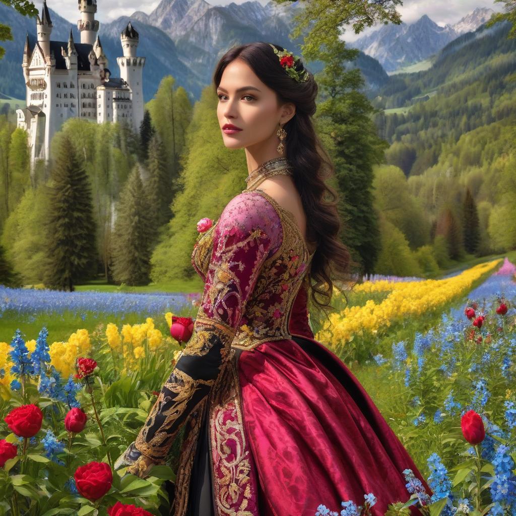  Neuschwanstein. ((Sparkling rim)): spring field, hyacinths, roses, rosehips, rose hips, peonies, cherry tree, yellow, red, black flowers, forget me nots. hyperrealistic, full body, detailed clothing, highly detailed, cinematic lighting, stunningly beautiful, intricate, sharp focus, f/1. 8, 85mm, (centered image composition), (professionally color graded), ((bright soft diffused light)), volumetric fog, trending on instagram, trending on tumblr, HDR 4K, 8K