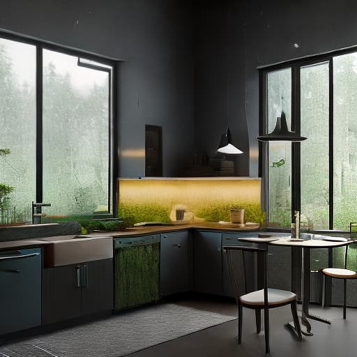 redshift style meditaraneam style kitchen with lots of greens on the floor, counter and hanging from the ceiling