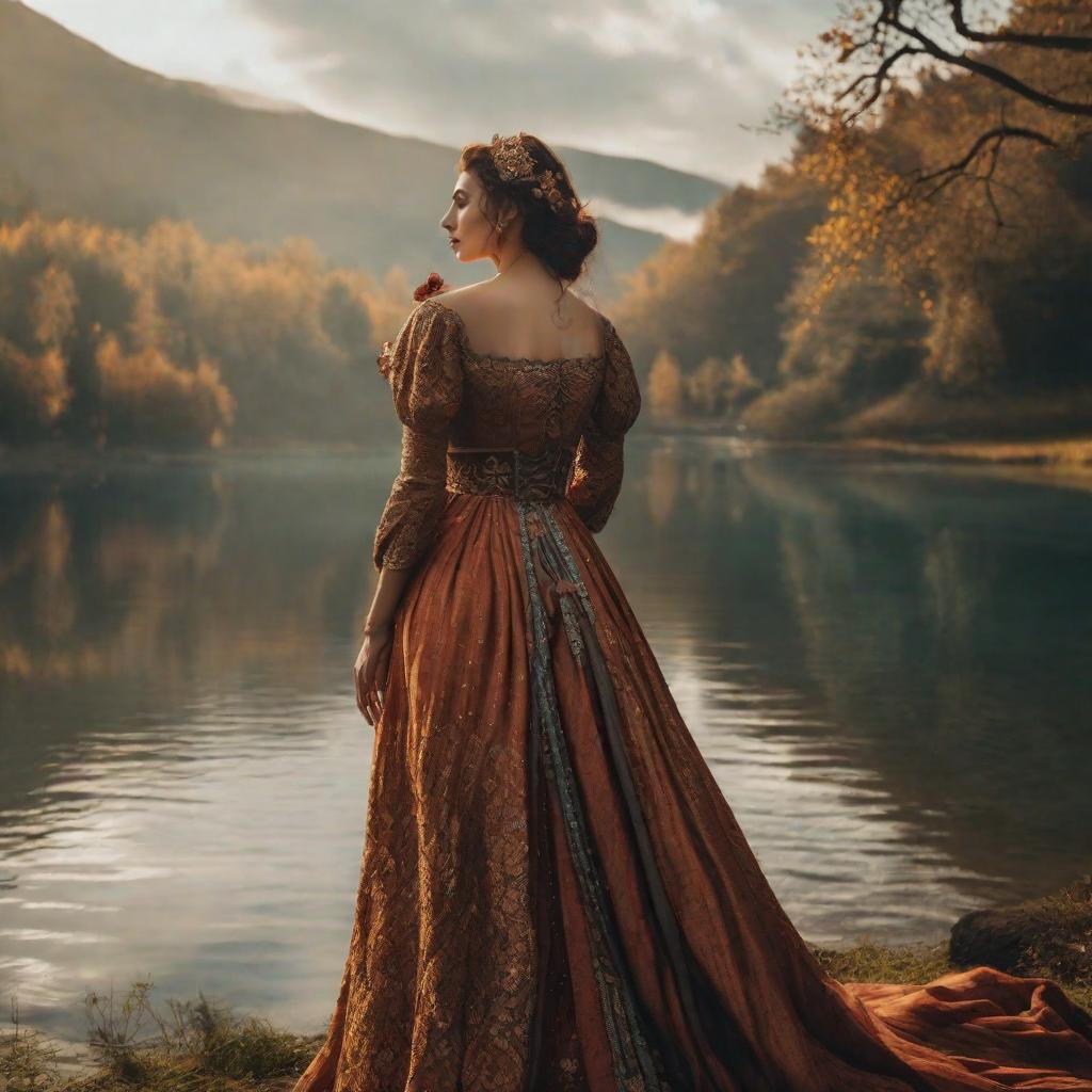  a photo by David Octavius Hill, a woman standing by the lake, HD, amazing quality hyperrealistic, full body, detailed clothing, highly detailed, cinematic lighting, stunningly beautiful, intricate, sharp focus, f/1. 8, 85mm, (centered image composition), (professionally color graded), ((bright soft diffused light)), volumetric fog, trending on instagram, trending on tumblr, HDR 4K, 8K