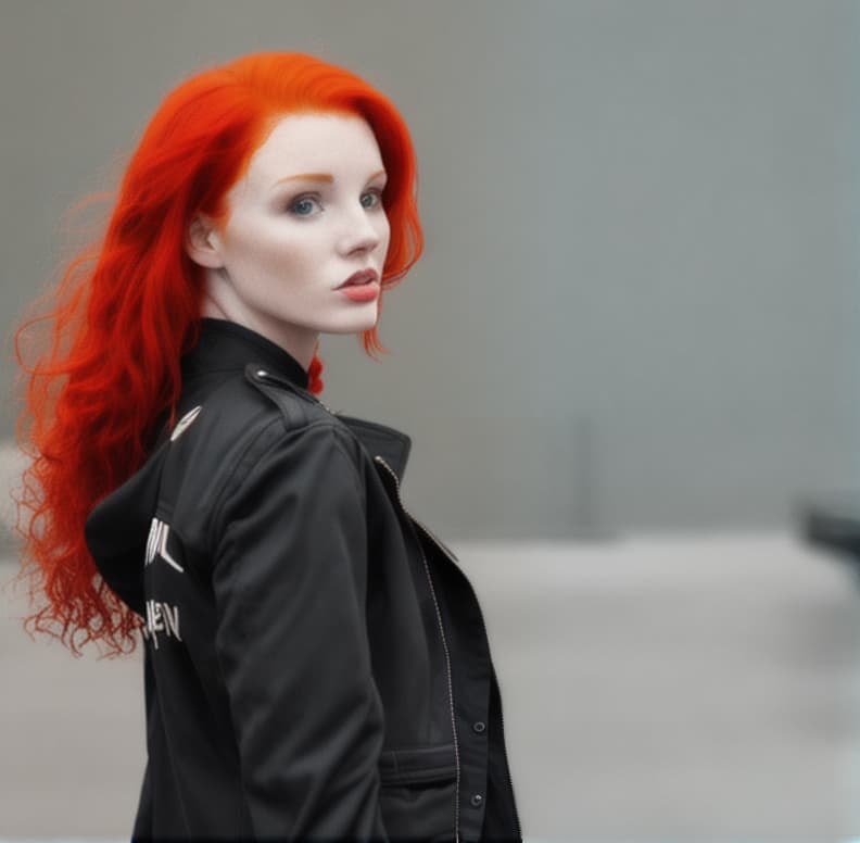  Woman with red hair and a black jacket