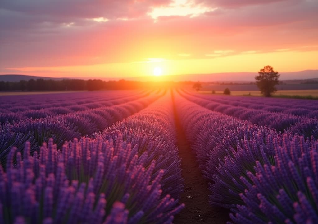  good quality, high quality, golden rays of the setting sun illuminate a lavender field, with rows of deep purple stretching towards the horizona perfect visual for calm and relaxation themes