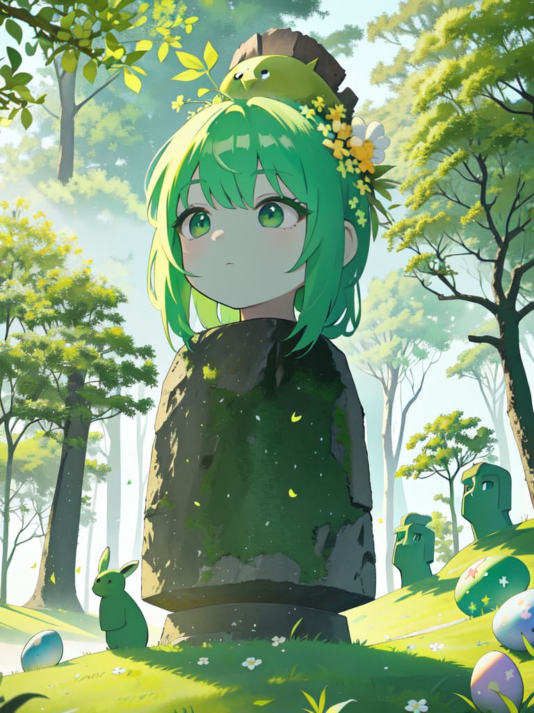  Green hair character and Easter Island, masterpiece, best quality,8k,ultra detailed,high resolution,an extremely delicate and beautiful,hyper detail