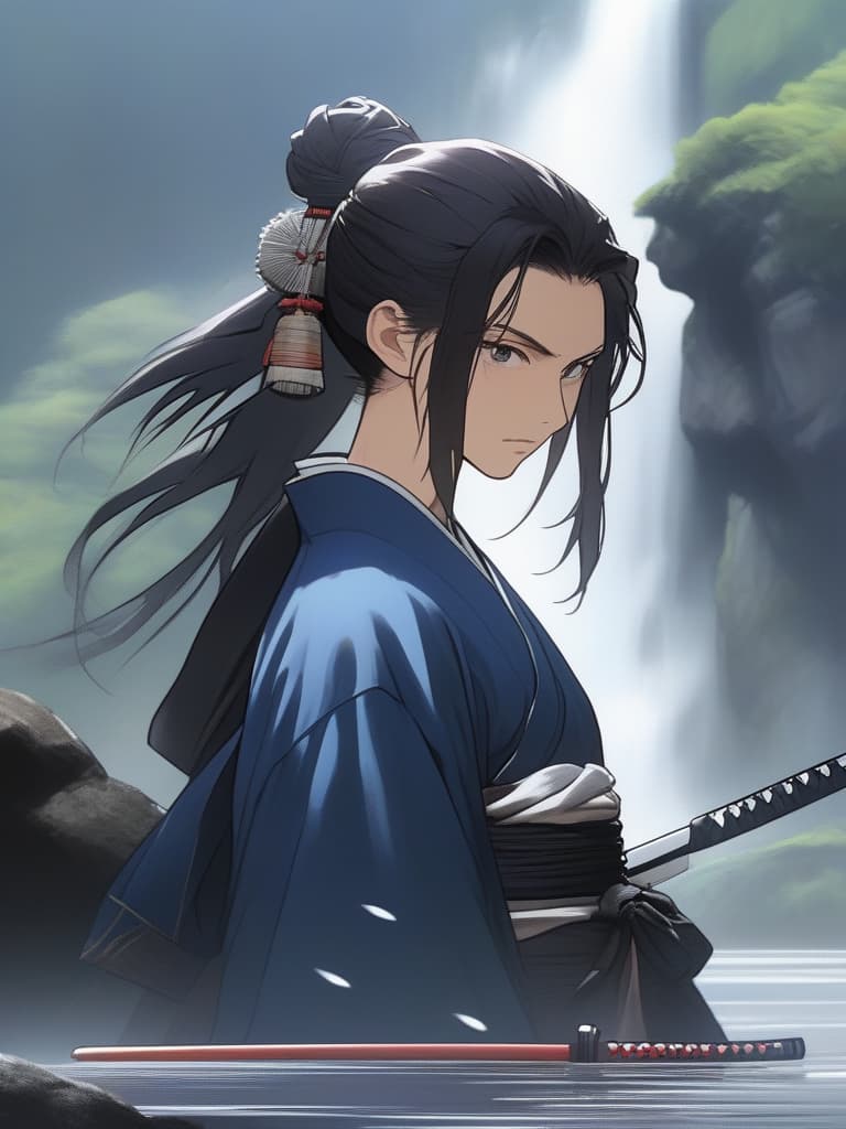  Masterpiece,one male,bangs up,forehead,Long hair tied back in one bun,delicate black hair color,black eye color,stern face,(((handsome))),dignified,samurai,(((muscular))),throat,training,waterfall,waterfall in background,high quality,8K, masterpiece, best quality,8k,ultra detailed,high resolution,an extremely delicate and beautiful,hyper detail