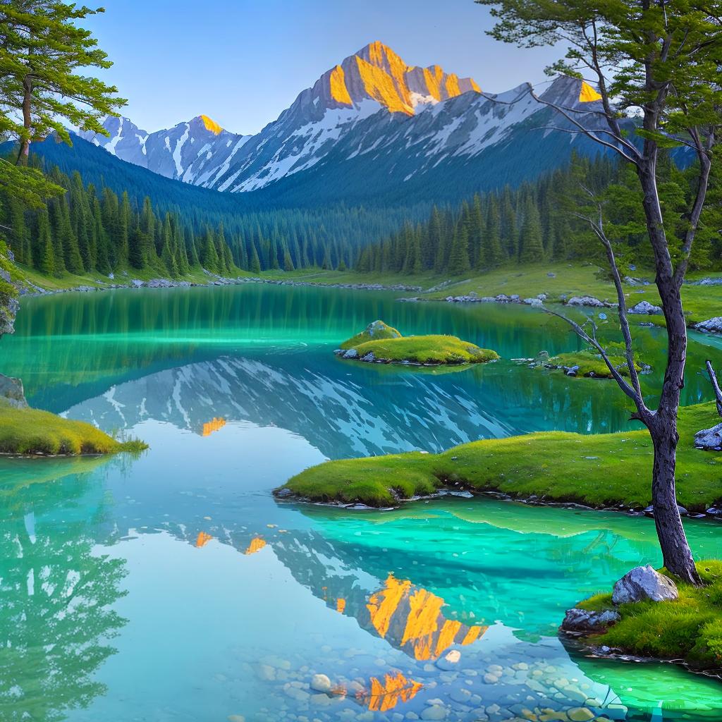  as a painting, Convey the serene majesty of towering mountains reflected in the crystal-clear waters of a tranquil alpine lake, using your unique artistic vision to evoke a sense of awe and tranquility.