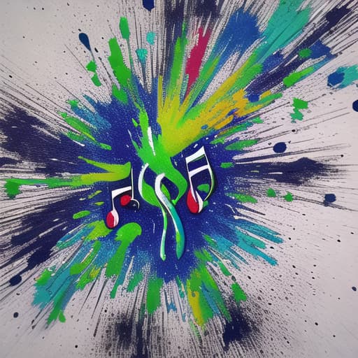  Music note exploding into drops of paint