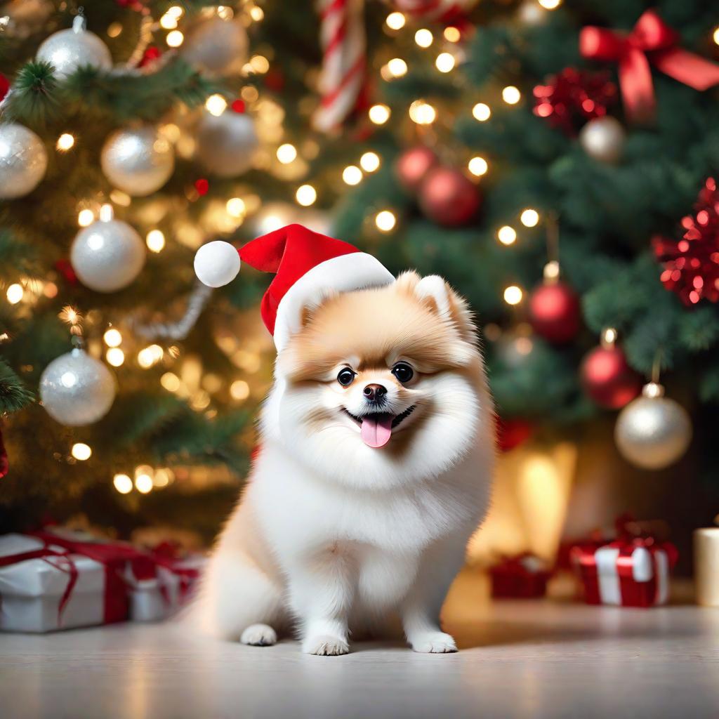  a white pomeranian under the christmas tree in a santa hat and wrapped in garlands, cute, hyper detail, full HD hyperrealistic, full body, detailed clothing, highly detailed, cinematic lighting, stunningly beautiful, intricate, sharp focus, f/1. 8, 85mm, (centered image composition), (professionally color graded), ((bright soft diffused light)), volumetric fog, trending on instagram, trending on tumblr, HDR 4K, 8K