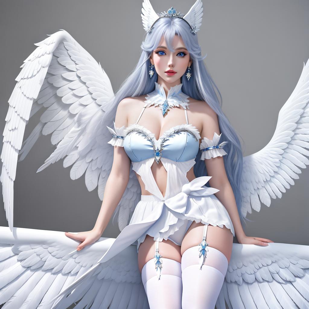  masterpiece, best quality, 1 ((caucasian)) , solo, wings, , blue eyes, long hair, looking at viewer, earrings, white wings, thigh highs, feathered wings, angel wings, lips, hair ornament, hair, midriff, white thigh highs, angel, pointy ears, hourgl figure, large s, realistic, ((())) ,top quality, best quality, 8k resolution