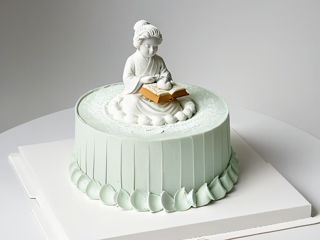  A highly detailed, minimalist illustration of an intricate sugar sculpture depicting a scene from a famous piece of literature, showcasing the artistry and creativity of pastry chefs throughout history. The sculpture is delicately crafted, with fine details such as flowing robes, intricate facial expressions, and lifelike textures, all rendered in a simple color palette of whites and soft pastels to emphasize the elegance and skill involved in creating such edible works of art. hyperrealistic, full body, detailed clothing, highly detailed, cinematic lighting, stunningly beautiful, intricate, sharp focus, f/1. 8, 85mm, (centered image composition), (professionally color graded), ((bright soft diffused light)), volumetric fog, trending on instagram, trending on tumblr, HDR 4K, 8K