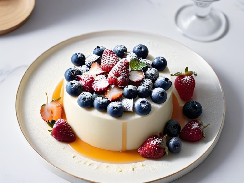  A highresolution image of a perfectly crafted Panna Cotta Fit dessert elegantly presented on a sleek, modern plate. The creamy panna cotta is topped with vibrant, fresh berries and a drizzle of honey, all set against a clean, white backdrop to emphasize the minimalist aesthetic. The smooth texture of the dessert, the glossy fruit, and the subtle glisten of the honey create a visually appealing and appetizing composition that embodies the essence of a refined, healthy gourmet treat. hyperrealistic, full body, detailed clothing, highly detailed, cinematic lighting, stunningly beautiful, intricate, sharp focus, f/1. 8, 85mm, (centered image composition), (professionally color graded), ((bright soft diffused light)), volumetric fog, trending on instagram, trending on tumblr, HDR 4K, 8K