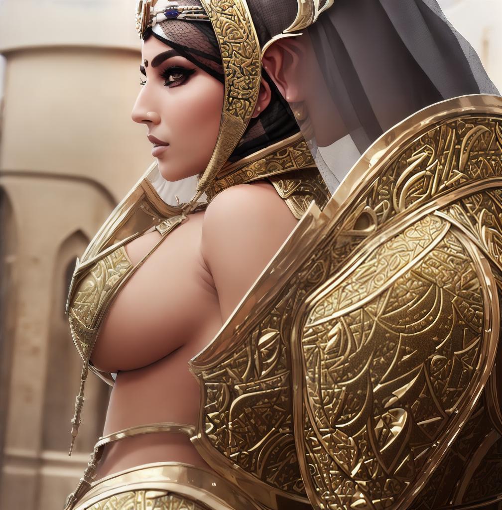  ((Side view:1.8)), ((masterpiece)),(((best quality))), ((futuristic empress, mature face, ((middle eastern eyes:1.4)), ((gold futuristic gown)), (((intricate futuristic breastplate))),