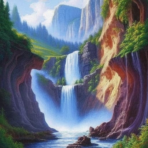  beautiful cliff and waterfall painting