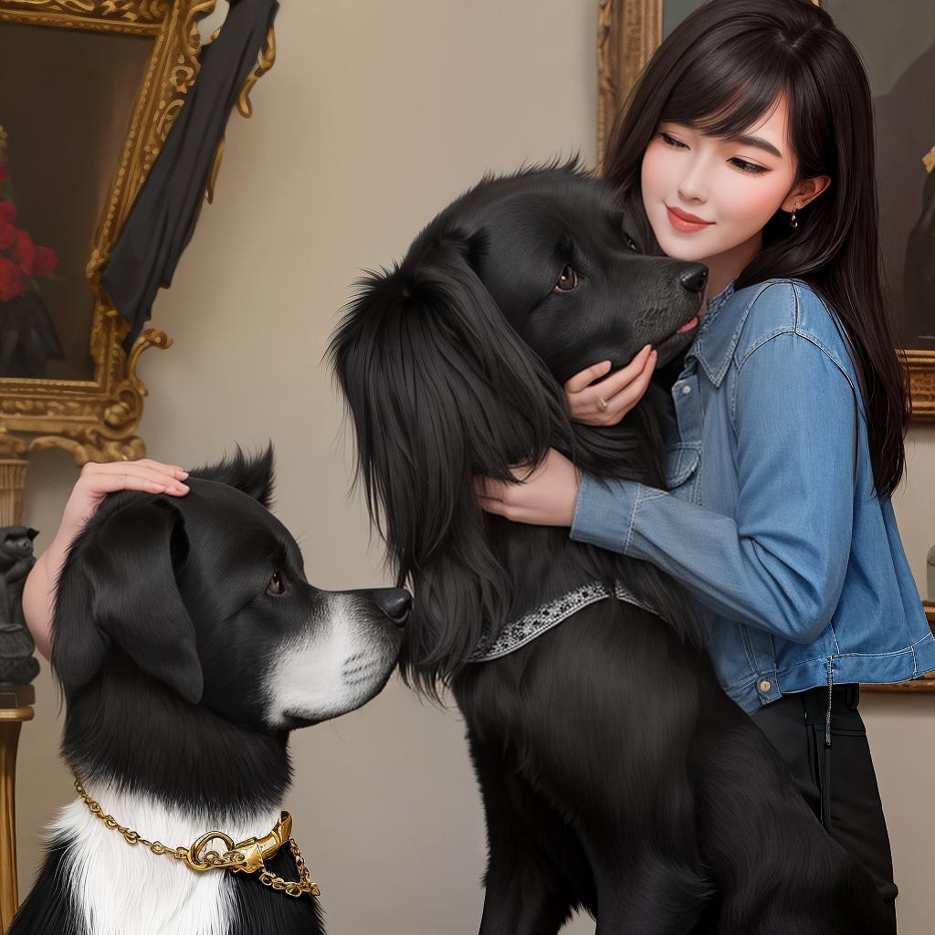  masterpiece, best quality,Woman is kissing with a strong black dog,