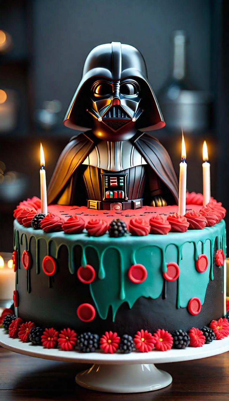  Professional 3D model of darth vader birthday cake . Rendered with Octane, the model is highly detailed,dramatic lighting. hyperrealistic, full body, detailed clothing, highly detailed, cinematic lighting, stunningly beautiful, intricate, sharp focus, f/1. 8, 85mm, (centered image composition), (professionally color graded), ((bright soft diffused light)), volumetric fog, trending on instagram, trending on tumblr, HDR 4K, 8K