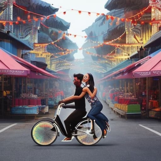 vectorartz Create a 3D realistic caricature of a young Indonesian man and woman riding bicycles together. Both figures have exaggerated large heads to add a touch of whimsy to the scene. The man is wearing a T shirt with a design featuring a heart and a cat '♥️🐈', while the woman's shirt is labeled 'Aji'. Their faces are beaming with joy as they revel in the experience of their bike ride. Place them against a backdrop showcasing a typical Indonesian streetscape, complete with bustling markets, traditional buildings, and street vendors, encapsulating the lively essence of urban life in Indonesia. hyperrealistic, full body, detailed clothing, highly detailed, cinematic lighting, stunningly beautiful, intricate, sharp focus, f/1. 8, 85mm, (centered image composition), (professionally color graded), ((bright soft diffused light)), volumetric fog, trending on instagram, trending on tumblr, HDR 4K, 8K