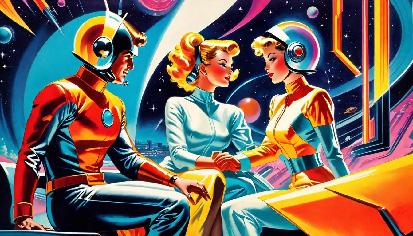  retro futuristic Two figures seated opposite each other, a vibrant exchange of vibrant, glowing energy between them, symbolizing growth and understanding, space around them vibrant and alive, energy palpable and transformative. lvintage sci fi, 50s and 60s style, atomic age, vibrant, highly detailed