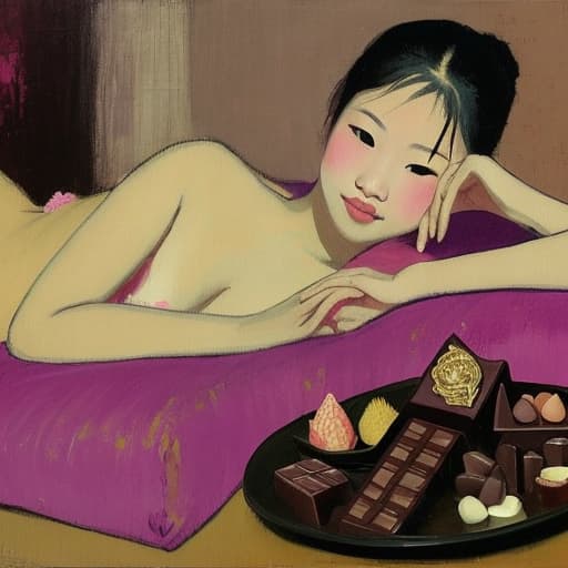  Attractive Beautiful young Thai reclining with moist pink open lips. Forground is plates of fine dark chocolates. Background is a Thai palace. Painting style of Edgar Degas