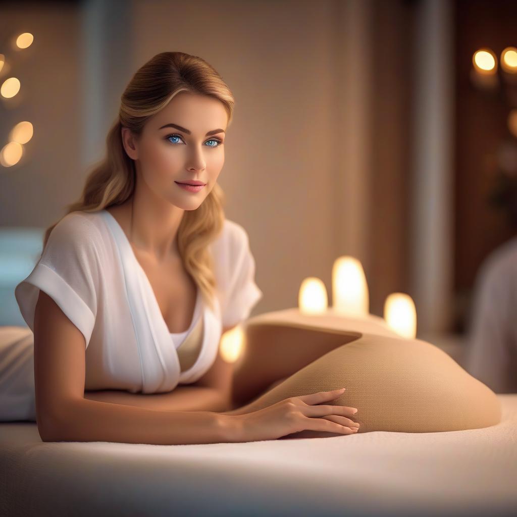  Fopo of a relaxed beautiful girl with blue eyes lies on her stomach at a SPA massage hyperrealistic, full body, detailed clothing, highly detailed, cinematic lighting, stunningly beautiful, intricate, sharp focus, f/1. 8, 85mm, (centered image composition), (professionally color graded), ((bright soft diffused light)), volumetric fog, trending on instagram, trending on tumblr, HDR 4K, 8K