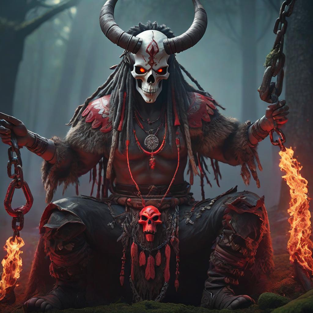  Primitive shaman, evil, aggression, fire everywhere, moss, chains, red neon, animal skull, anime hyperrealistic, full body, detailed clothing, highly detailed, cinematic lighting, stunningly beautiful, intricate, sharp focus, f/1. 8, 85mm, (centered image composition), (professionally color graded), ((bright soft diffused light)), volumetric fog, trending on instagram, trending on tumblr, HDR 4K, 8K