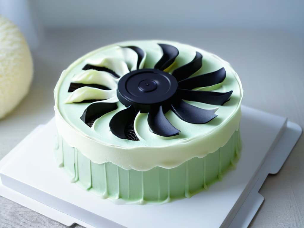  An ultradetailed, minimalist image of a sleek, modern cooling fan with a soft, ambient glow illuminating a perfectly frosted cake, showcasing the precise and efficient cooling capabilities of the device. The fan is elegantly designed with clean lines and a futuristic aesthetic, complementing the sophisticated and professional tone of the article while symbolizing the seamless cooling process essential for achieving flawless baked goods. hyperrealistic, full body, detailed clothing, highly detailed, cinematic lighting, stunningly beautiful, intricate, sharp focus, f/1. 8, 85mm, (centered image composition), (professionally color graded), ((bright soft diffused light)), volumetric fog, trending on instagram, trending on tumblr, HDR 4K, 8K