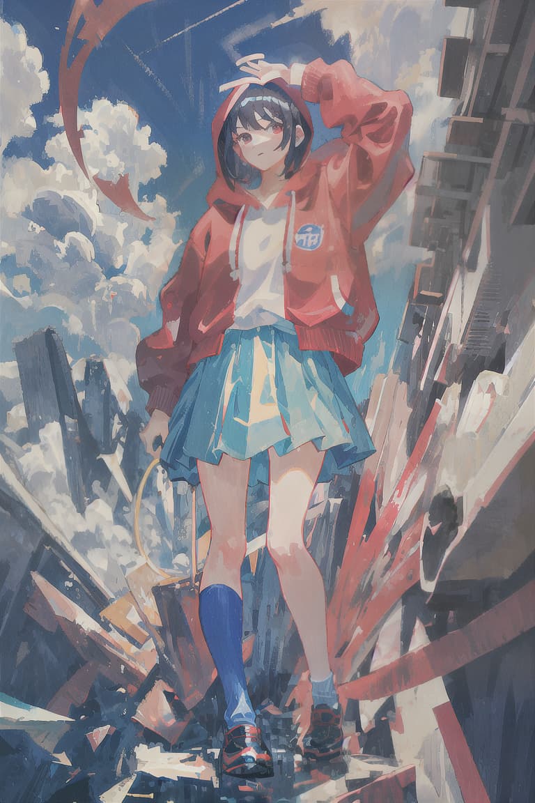  master piece , best quality,Black hair, bobbed hair, high school girl, red hoodie, light blue uniform, soda float, small white bird