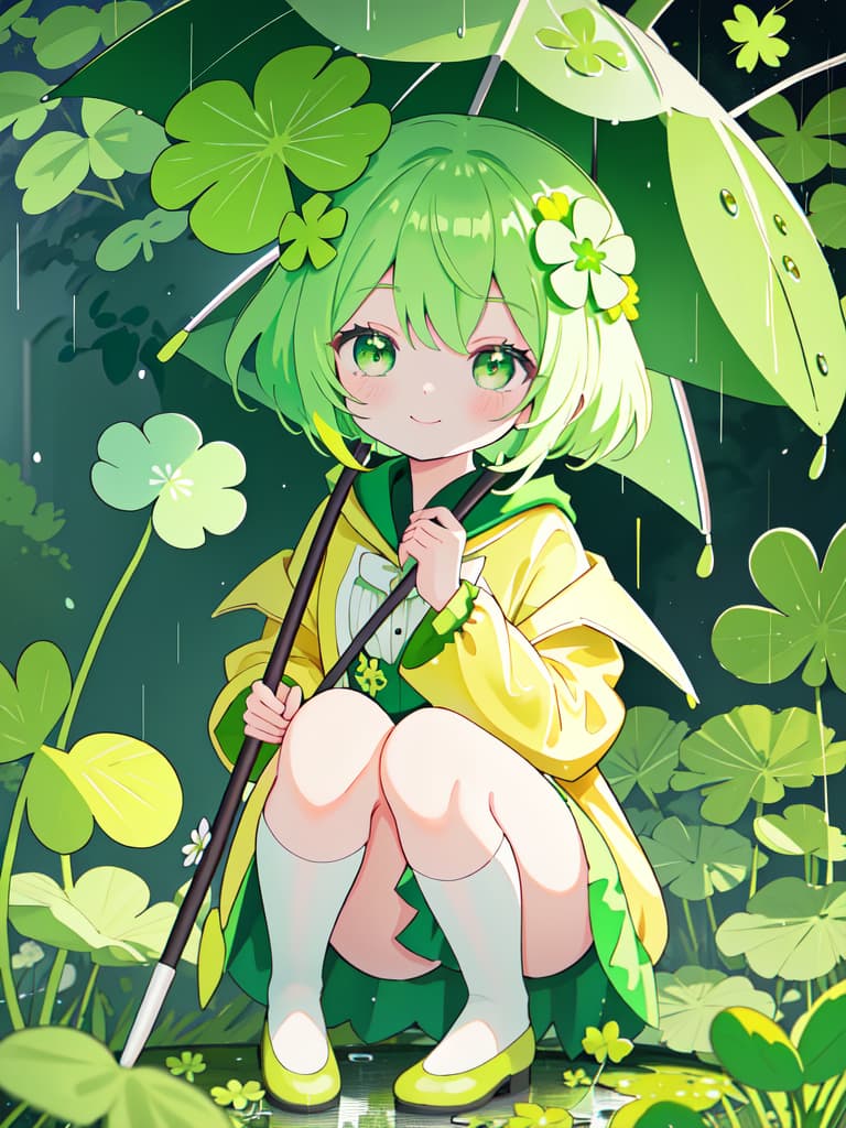  Looking at the clover of the four leaf with an umbrella in the rain, a green haired little girl character in a yellow raincoat is crouching and staring at 🍀 with a smile, masterpiece, best quality,8k,ultra detailed,high resolution,an extremely delicate and beautiful,hyper detail