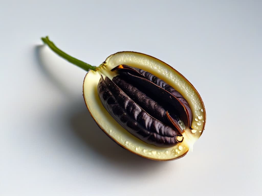  A closeup, ultradetailed image of a single vanilla bean pod split open, showcasing the tiny black vanilla seeds inside against a stark white background. The image captures the intricate details and textures of the pod and seeds, highlighting the natural beauty and rich aroma of this essential ingredient for baking. hyperrealistic, full body, detailed clothing, highly detailed, cinematic lighting, stunningly beautiful, intricate, sharp focus, f/1. 8, 85mm, (centered image composition), (professionally color graded), ((bright soft diffused light)), volumetric fog, trending on instagram, trending on tumblr, HDR 4K, 8K