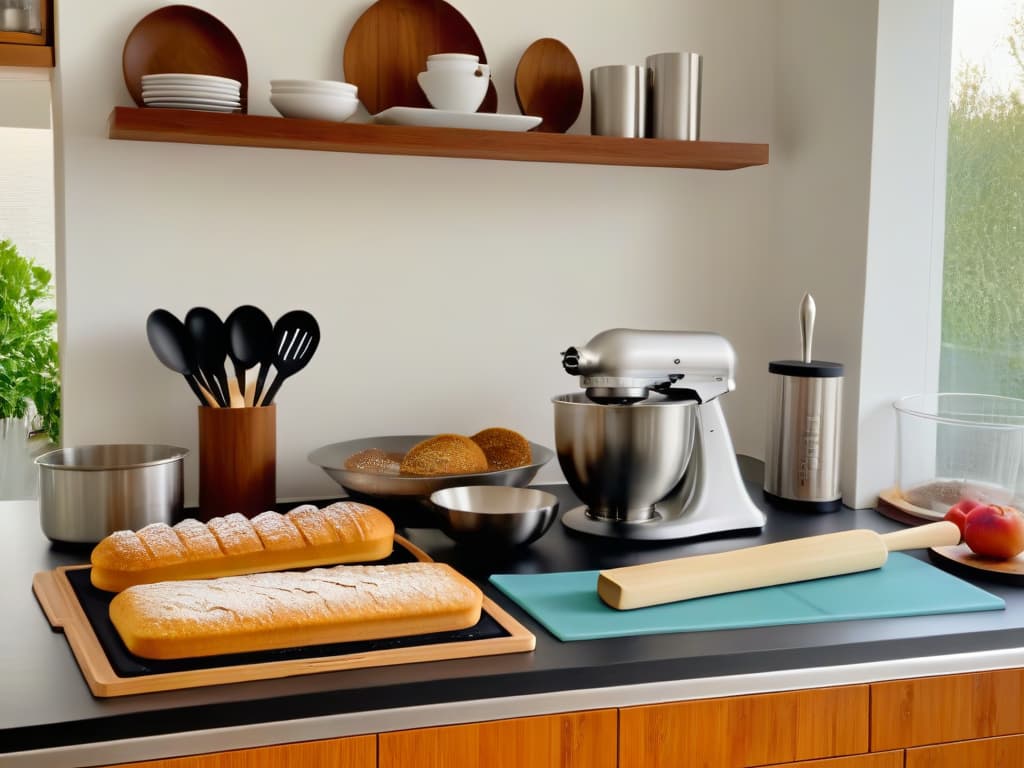  A photorealistic image of a modern, sleek kitchen countertop adorned with an array of ecofriendly vegan baking utensils. In the center, there is a bamboo rolling pin next to a set of stainless steel measuring cups and spoons. On the side, a stack of reusable silicone baking mats and a wooden spatula are neatly arranged. The background shows hints of a bright, airy kitchen with potted herbs by the window, emphasizing a sustainable and professional baking environment. hyperrealistic, full body, detailed clothing, highly detailed, cinematic lighting, stunningly beautiful, intricate, sharp focus, f/1. 8, 85mm, (centered image composition), (professionally color graded), ((bright soft diffused light)), volumetric fog, trending on instagram, trending on tumblr, HDR 4K, 8K