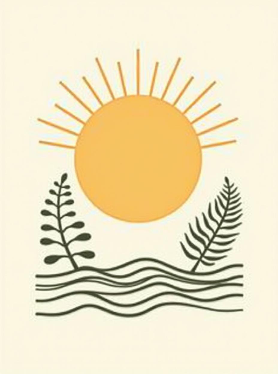  good quality, high quality, a minimalist sun with thin, straight rays extending outward, paired with a few simple tropical ferns, all set against a background of faint geometric waves flowing across the design