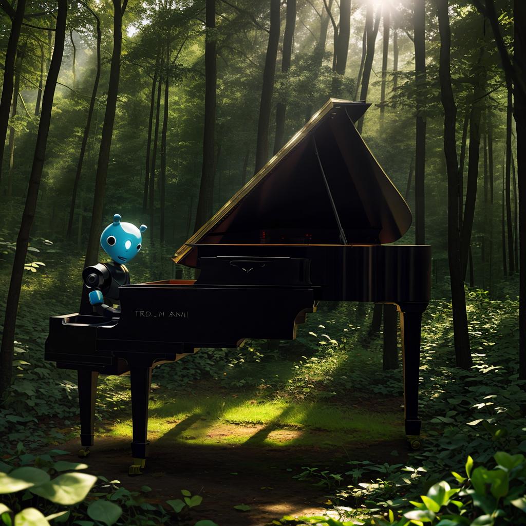  in claymation style, An anthropomorphic robot playing a grand piano in a sunlit, serene forest clearing