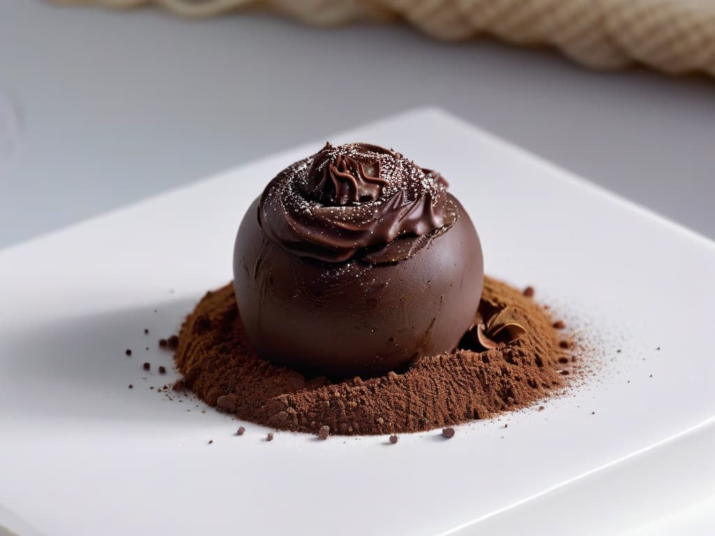  A closeup, ultradetailed image of a shiny, smooth truffle being delicately dusted with rich cocoa powder. The truffle is perfectly round, with a glossy surface reflecting the soft ambient light, revealing intricate swirls and textures of the chocolate ganache inside. The cocoa powder dusting is captured midair, frozen in motion, creating a mesmerizing visual effect of fine particles suspended around the truffle. The overall composition is elegant, minimalist, and visually striking, inviting the viewer to crave the indulgent taste of authentic Belgian chocolate truffles. hyperrealistic, full body, detailed clothing, highly detailed, cinematic lighting, stunningly beautiful, intricate, sharp focus, f/1. 8, 85mm, (centered image composition), (professionally color graded), ((bright soft diffused light)), volumetric fog, trending on instagram, trending on tumblr, HDR 4K, 8K