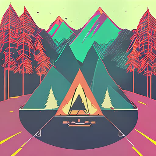 nvinkpunk Whimsical mountains with trees, and camping tent with campfire