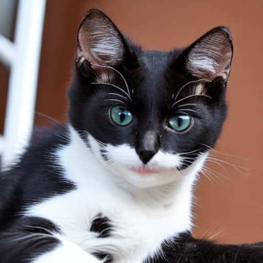  a small, frail and skinny cat. Completely black, only one of his front paws is painted white, wearing a collar with dog fangs, his eyes are a piercing blue color