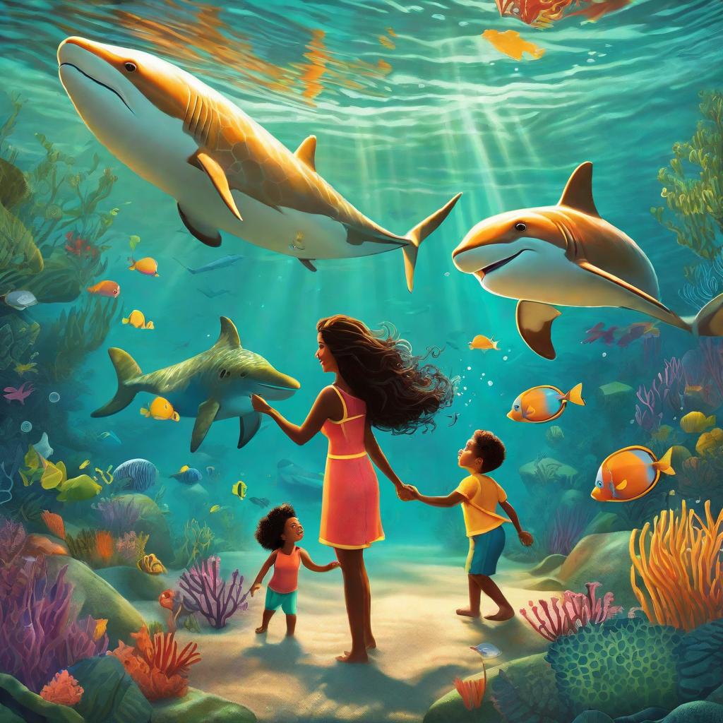  Prompt: A vint, magical underwater scene where a young and their mother, both looking surprised and delighted, have just arrived from their island home. They are meeting a group of various , cute, and friendly sea creatures like dolphins, colorful fish, and sea turtles. Mother and are holding hands as they explore this new environment, their expressions filled with wonder. The environment around them is ethereal and rich with brightly colored coral reefs, soft sands, and clear sparkling blue water reflecting the rays of sunlight filtering from above. The picture should convey an overall sense of wonder, excitement, and -like joy.((masterpiece)), best quality, very detailed, high resolution, sharp, sharp image,  hyperrealistic, full body, detailed clothing, highly detailed, cinematic lighting, stunningly beautiful, intricate, sharp focus, f/1. 8, 85mm, (centered image composition), (professionally color graded), ((bright soft diffused light)), volumetric fog, trending on instagram, trending on tumblr, HDR 4K, 8K