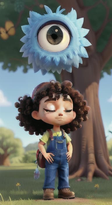  {Riley standing under the tree with eyes closed, making the wish., Riley, a curious with big brown eyes and curly hair, wearing overalls and carrying a small backpack. Their friend, Skye, a bluebird with shiny feathers.