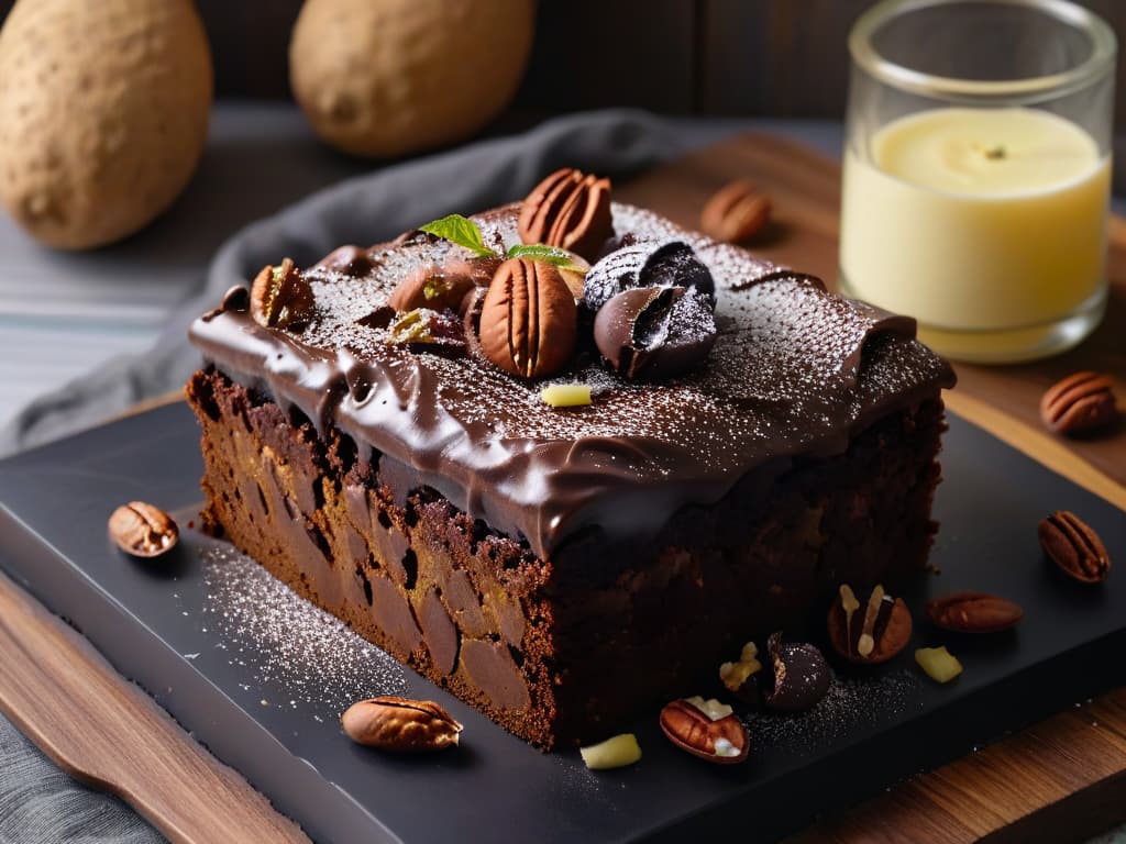  A closeup, ultradetailed image of a freshly baked sweet potato brownie, showcasing its moist and fudgy texture, topped with a sprinkle of chopped pecans and a drizzle of dark chocolate ganache. The brownie sits on a sleek, matte black plate, against a softfocus background of rustic wooden table. The lighting is warm and natural, emphasizing the rich, decadent appearance of the dessert. hyperrealistic, full body, detailed clothing, highly detailed, cinematic lighting, stunningly beautiful, intricate, sharp focus, f/1. 8, 85mm, (centered image composition), (professionally color graded), ((bright soft diffused light)), volumetric fog, trending on instagram, trending on tumblr, HDR 4K, 8K