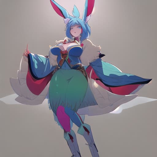  anthropomorphic rabbit with cyan fur, with large breast, the top part of her ears is red. half breasted dress, crop shirt hyperrealistic, full body, detailed clothing, highly detailed, cinematic lighting, stunningly beautiful, intricate, sharp focus, f/1. 8, 85mm, (centered image composition), (professionally color graded), ((bright soft diffused light)), volumetric fog, trending on instagram, trending on tumblr, HDR 4K, 8K