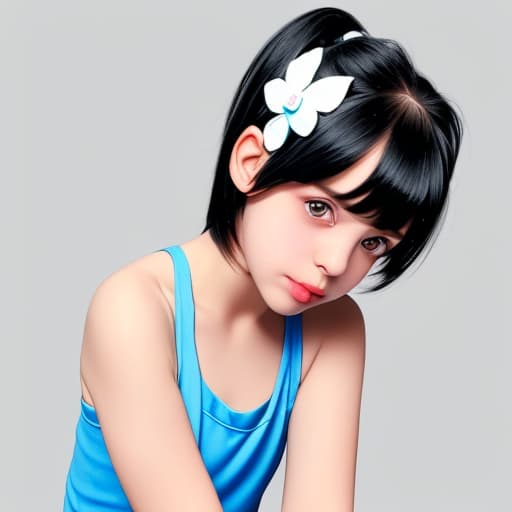  Tiny woman with a blue tank top and a white cheeky cute face and black hair with newside bangs