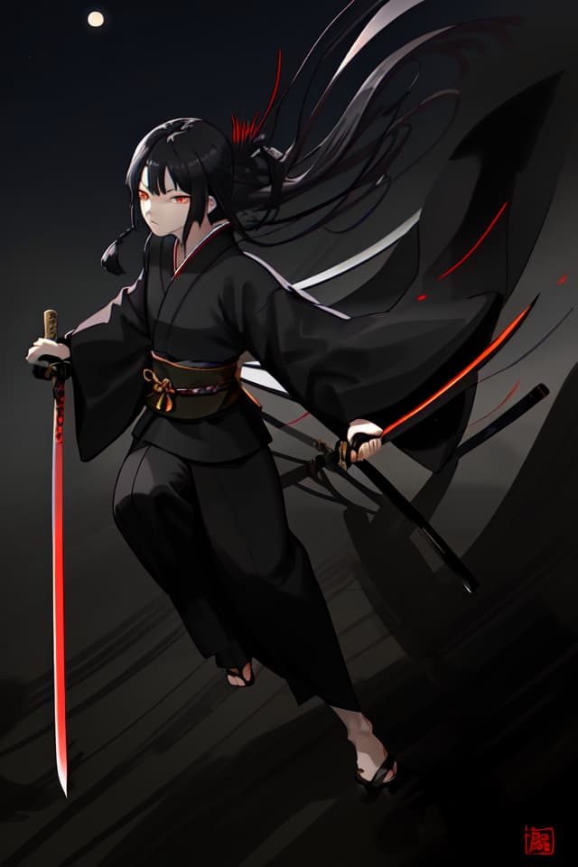  One , black kimono, black hair, black eyes, putting hair in the back, Japanese sword, long sword, hips, hold a sword, night, moon, serious expression, shadowy face, glowing eyes , Small s, slender, approaching, running, cutting, perspective, sprinting, stepping on, dust, winding wind, slashing