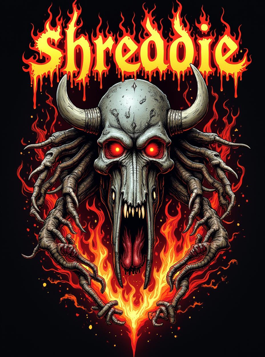  good quality, high quality, thrash metal shirt design. 1980s design. with fire and melting elements are part of design. organs are strewn about. the letters "shreddie" on top of the design. wild western themes and design elements are on the shirt as well