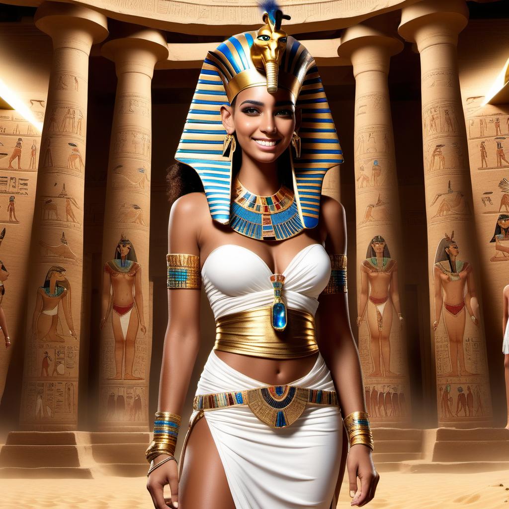  hyperrealistic art Ancient Egypt scene, Stunning beauty 20  as pharaoh [egyptian], wearing a gold headpiece and a white dress with a gold, visson fabric and uskh with gemstones, standing, smile, alluring, perky round s, full body shot, uper body, hourgl body, brown eyes, star eyes, ((skindenation)), ((masterpiece:1.2), HDR,UCD,8K resolution,LDSR,sharp focus), shallow deep, sun ray, subsurface scattering, refraction, reflection, glare,indoors, ancient egyptian interior, [Ancient Egyptian background], stone statues, insane details, intricate detailed, (realistic, photo-realistic:1.37), photorealistic, best quality, extremely detailed face, extremely detailed eyes and face, <lora:lit:0.75>, lit, Egyptian queen in the spotlig
