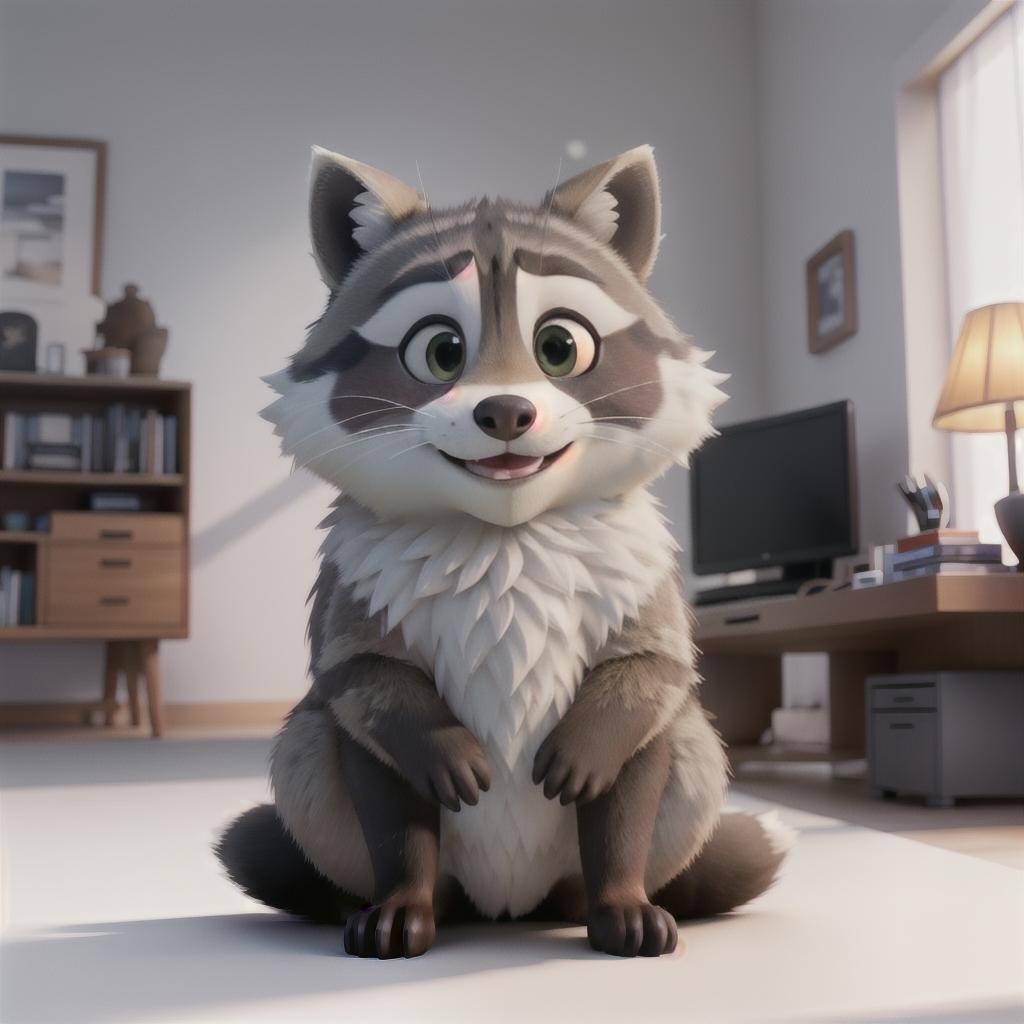  raccoon sitting in gaming chair front a computer on desktop, ((semi anthropomorphic)),(full body), tail, belly, sitting, fat, (chubby), (((white background))), solo, desktop, gaming chair, side view,  [[[clothes]]] hyperrealistic, full body, detailed clothing, highly detailed, cinematic lighting, stunningly beautiful, intricate, sharp focus, f/1. 8, 85mm, (centered image composition), (professionally color graded), ((bright soft diffused light)), volumetric fog, trending on instagram, trending on tumblr, HDR 4K, 8K