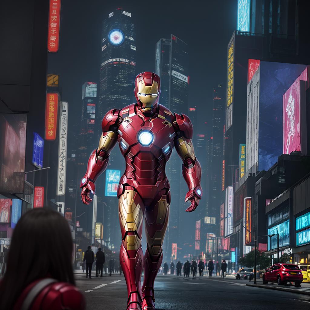  masterpiece, best quality, Best quality, masterpiece, 8k resolution, realistic, highly detailed, close up of Iron Man. In a cyberpunk-style night scene of the city, he stands on a street lined with tall buildings. The city's night lights are bright, The surrounding buildings and streets are filled with cyberpunk elements such as neon lights, high-tech devices, and futuristic architectural designs.