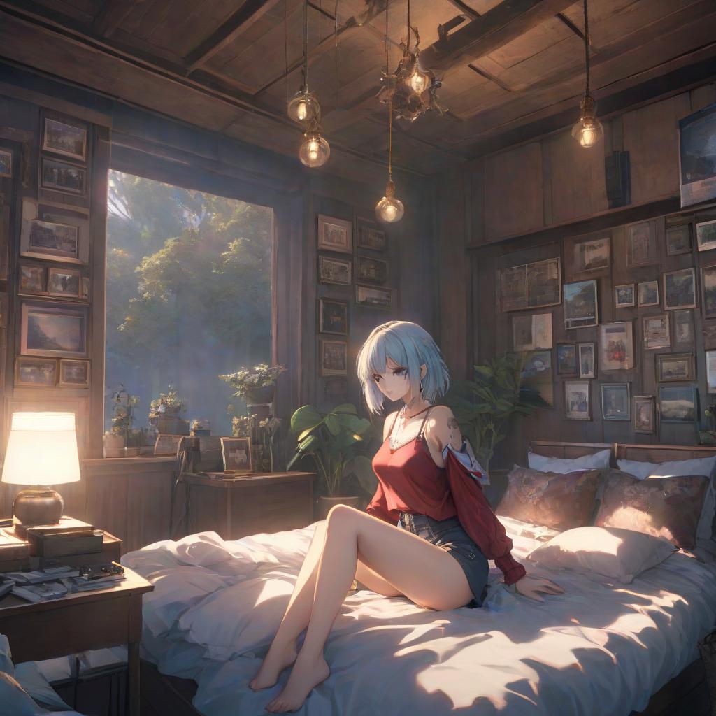  anime artwork . Big , big . , shorts, , bedroom . anime style, key visual, vint, studio anime, highly detailed hyperrealistic, full body, detailed clothing, highly detailed, cinematic lighting, stunningly beautiful, intricate, sharp focus, f/1. 8, 85mm, (centered image composition), (professionally color graded), ((bright soft diffused light)), volumetric fog, trending on instagram, trending on tumblr, HDR 4K, 8K