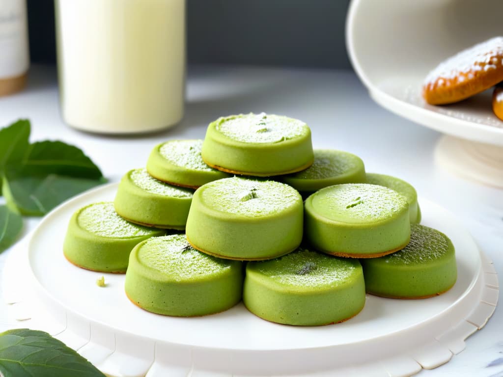  An 8k ultradetailed image of a stack of delicate green tea cookies arranged on a modern, sleek white plate with a scattering of vibrant green tea leaves surrounding them. The cookies are perfectly round, with a slightly golden edge, showcasing a light, crumbly texture. Each cookie is topped with a dusting of matcha powder, adding a pop of color against the white background. The lighting is soft, casting a gentle shadow beneath the plate, emphasizing the elegance and simplicity of the presentation. hyperrealistic, full body, detailed clothing, highly detailed, cinematic lighting, stunningly beautiful, intricate, sharp focus, f/1. 8, 85mm, (centered image composition), (professionally color graded), ((bright soft diffused light)), volumetric fog, trending on instagram, trending on tumblr, HDR 4K, 8K