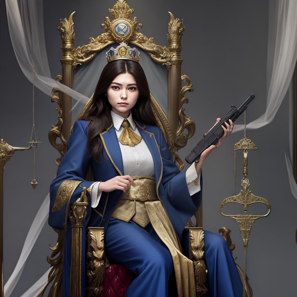  masterpiece, best quality, Let there be a throne, and on that throne, let there be a woman in a business suit sitting, holding a scale of justice in one hand and a gun in the other.