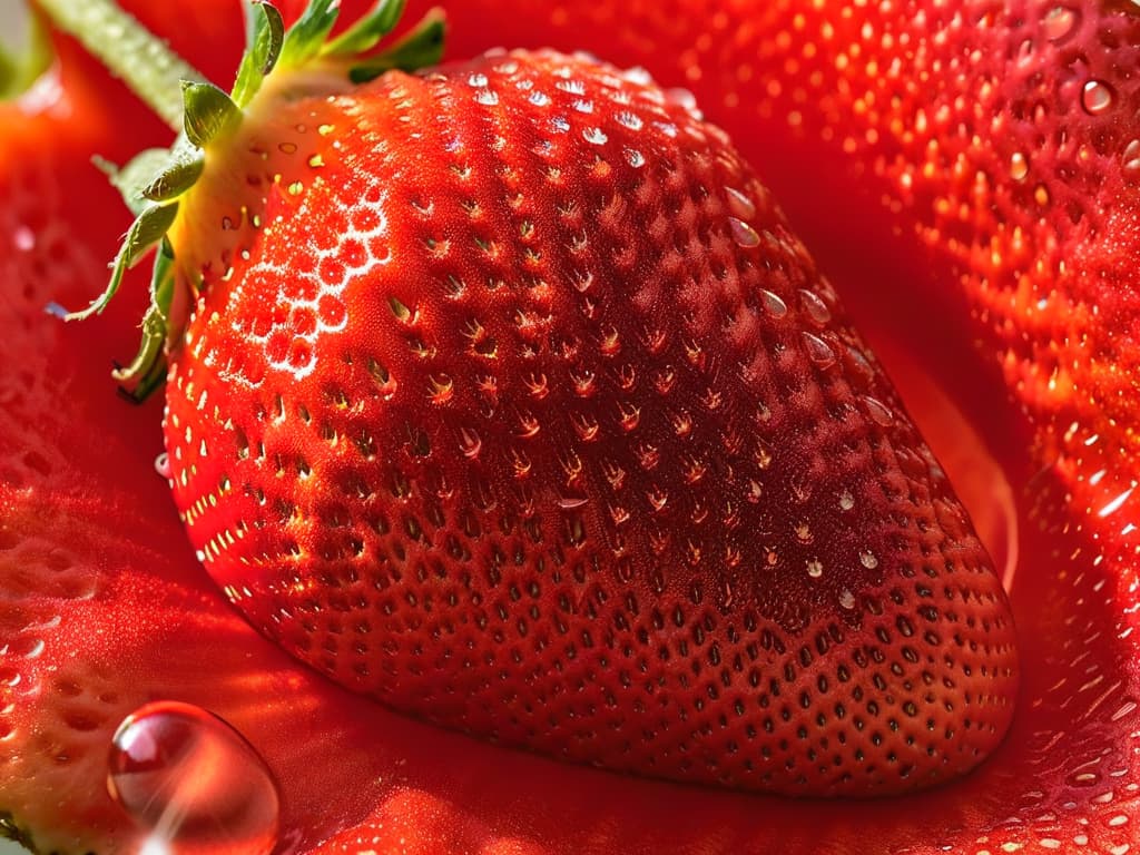  An ultradetailed closeup image of a perfectly ripe red strawberry sliced in half, showcasing the intricate pattern of seeds against the vibrant red flesh, with droplets of juice glistening under soft, diffused lighting. hyperrealistic, full body, detailed clothing, highly detailed, cinematic lighting, stunningly beautiful, intricate, sharp focus, f/1. 8, 85mm, (centered image composition), (professionally color graded), ((bright soft diffused light)), volumetric fog, trending on instagram, trending on tumblr, HDR 4K, 8K